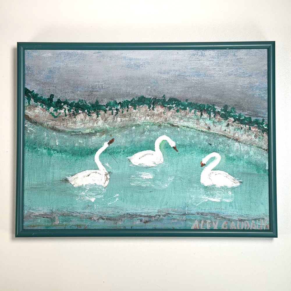 VTG Alex Caudalia Swans Lake Painting 12x9 Teal Hand Painted Framed Art signed